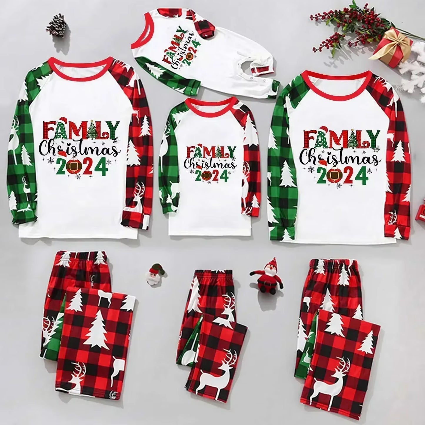 Christmas 2024 Matching Family Outfits Patchwork All over Print Pajamas Set Mom Dad Kids Sleepwear Baby Romper Xmas Look Pyjamas