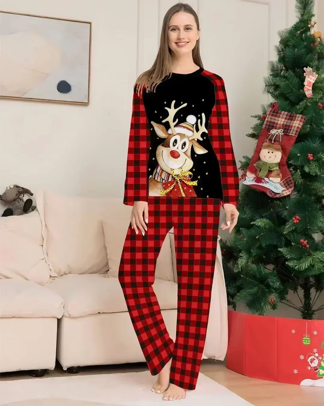 2024 New Year'S Clothes Christmas Pajamas Set Elk Print Mother Father Kids Matching Outfits Cute Soft 2 Pcs Sleepwear Xmas Look